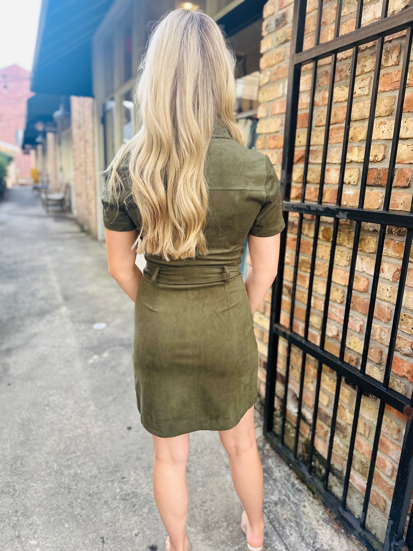 Jolene Button Up Suede Dress- Olive