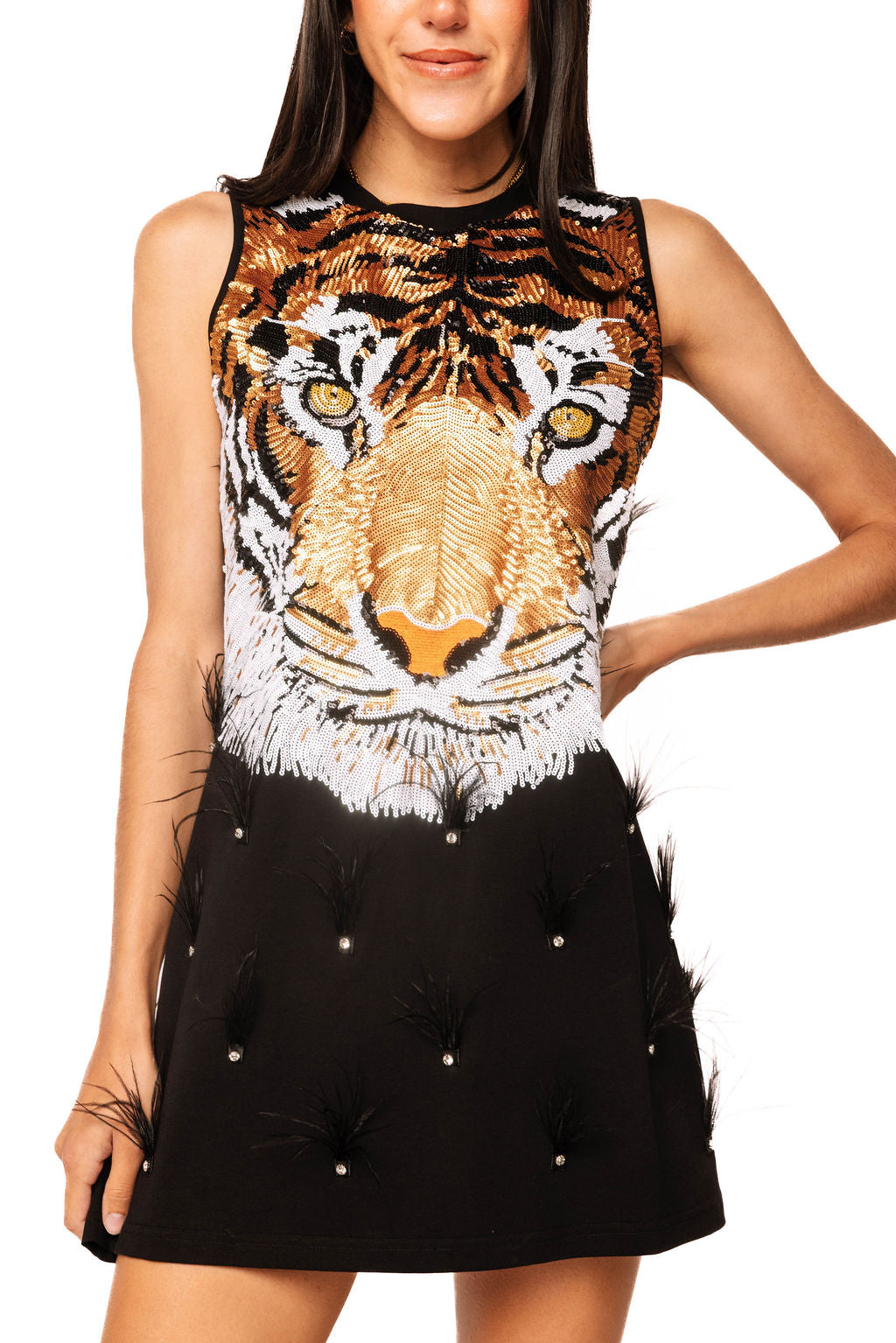 Queen Tiger Face Rhinestone Feather Tank Dress