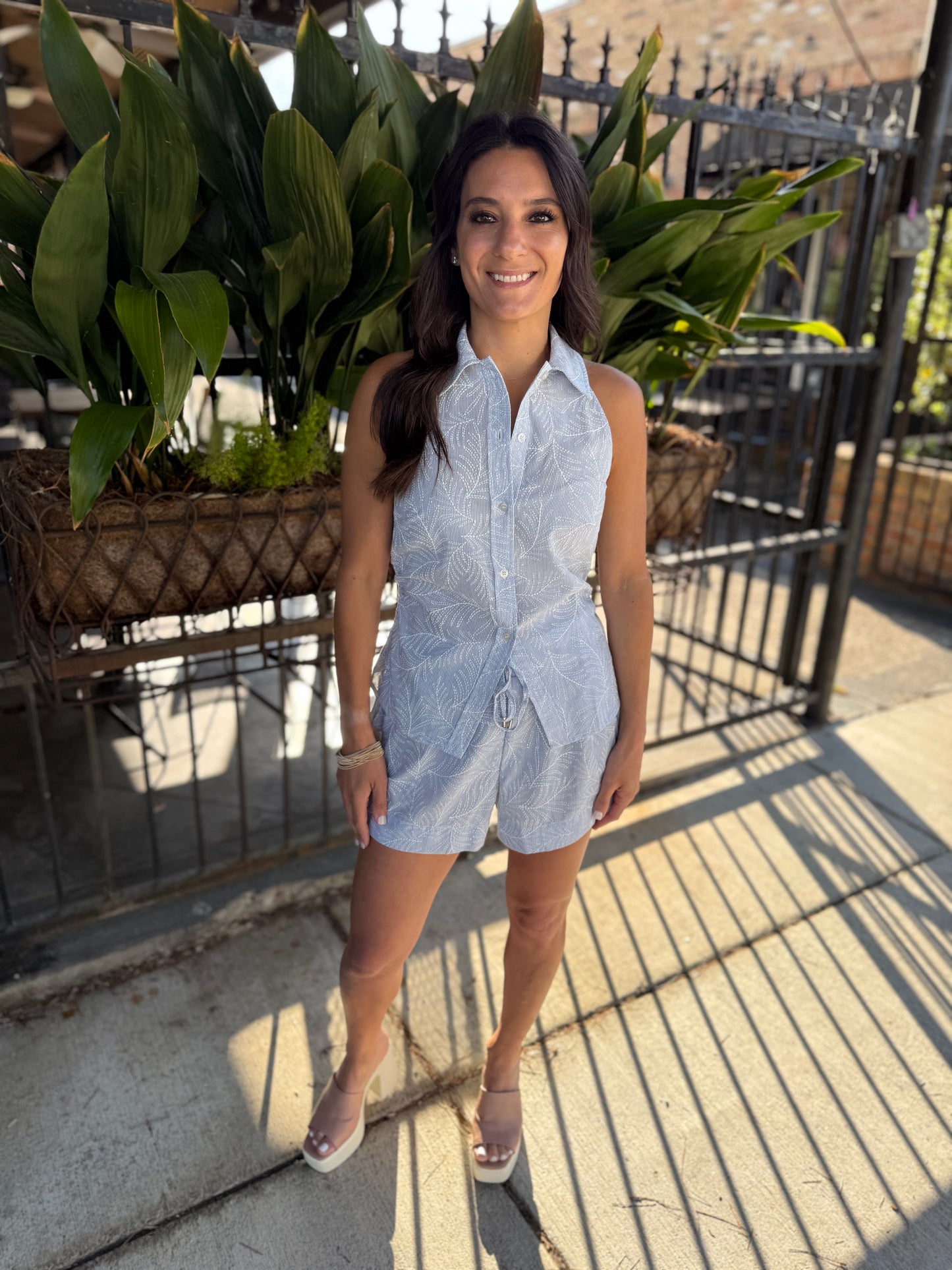 Ruston Collared Sleeveless Top- Blue & White