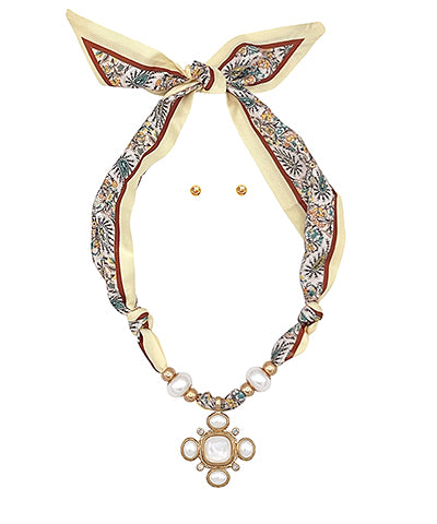 Scarf Necklace SET- Beige/MOP Cross