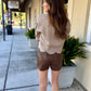 Floral Embroidered Scallop Detail Knit Top- Mocha
