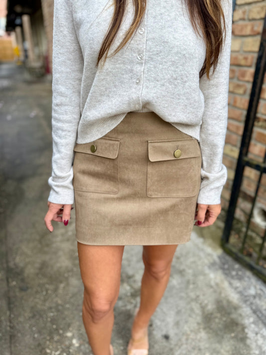 Faux Suede Pocketed Mini Skirt- Olive/Taupe