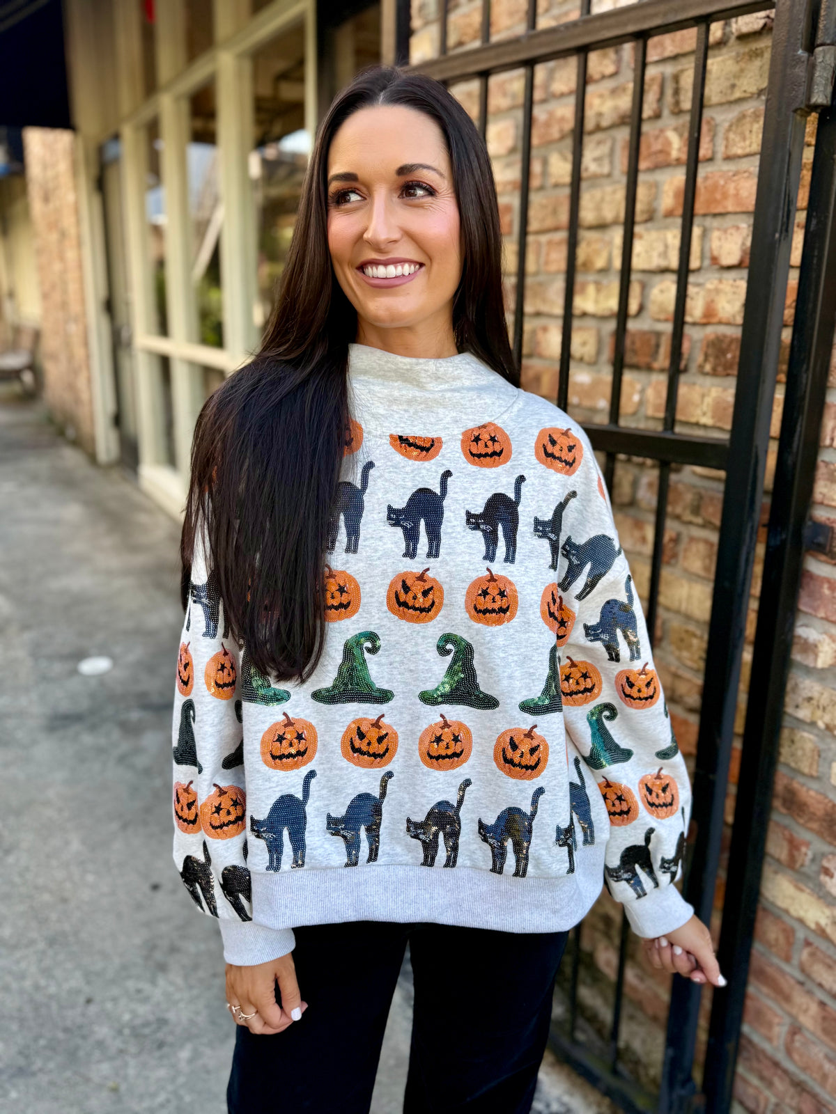 Witch Hat, Pumpkin & Cat Mockneck Sweatshirt