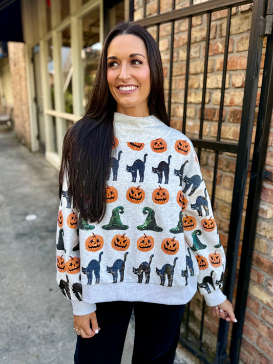 Witch Hat, Pumpkin & Cat Mockneck Sweatshirt