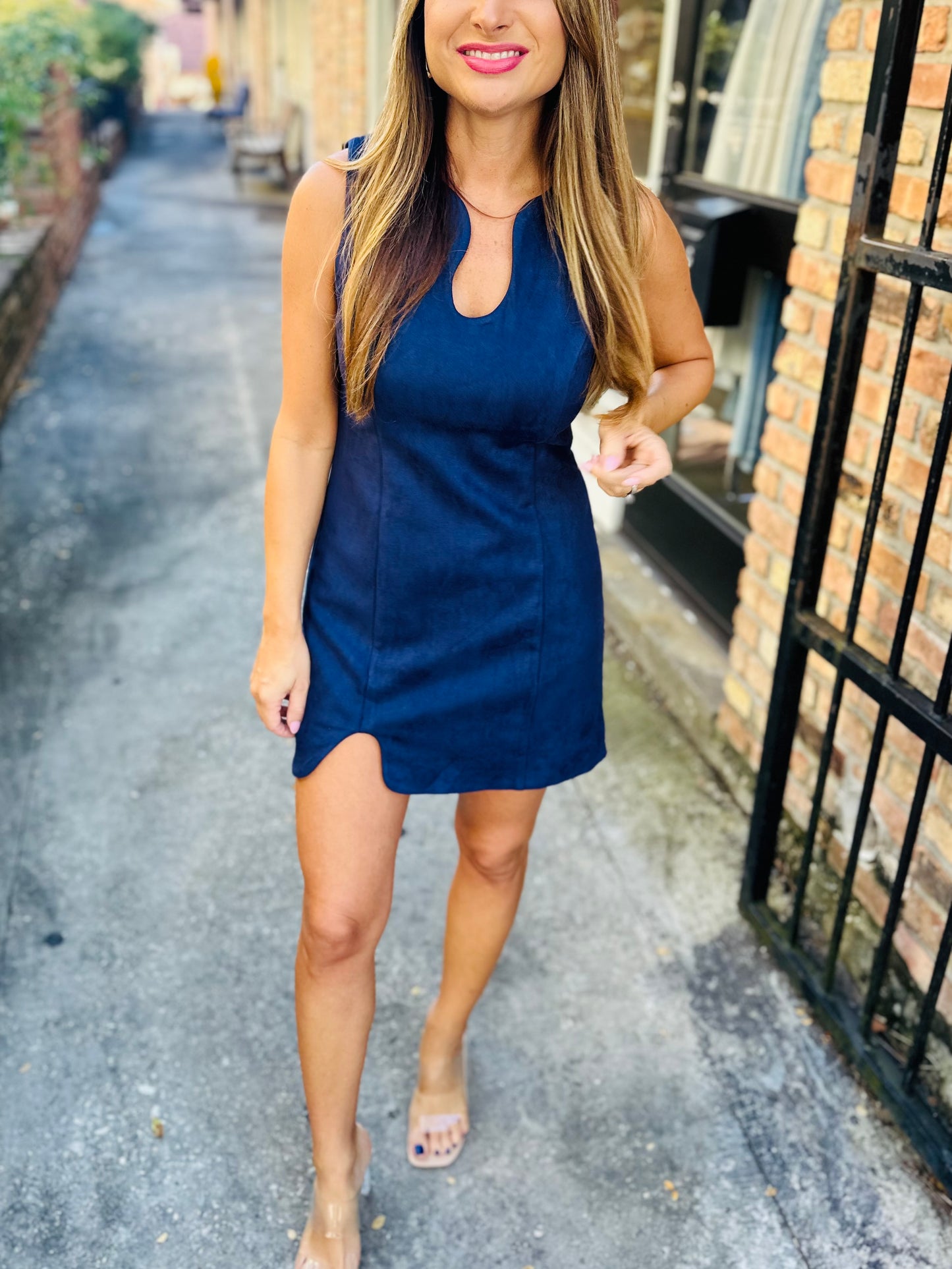 Puzzle Suede Mini Dress- Navy