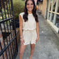 Luann Striped Drawstring Romper- Taupe