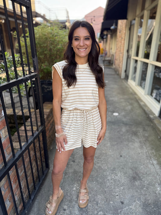 Luann Striped Drawstring Romper- Taupe