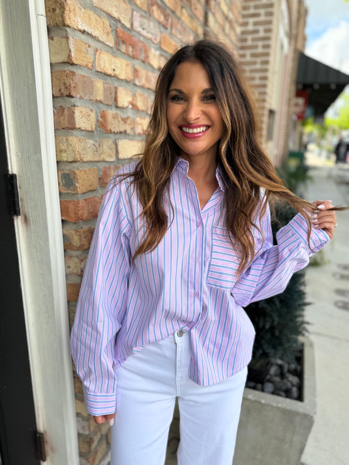 Vonn Button Down Top- Pink/Blue