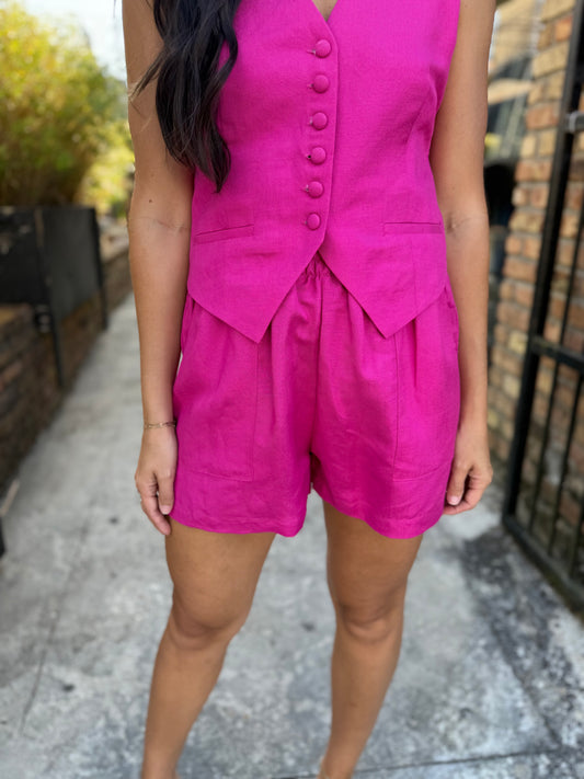 Roy Linen Elastic Shorts- Fuchsia