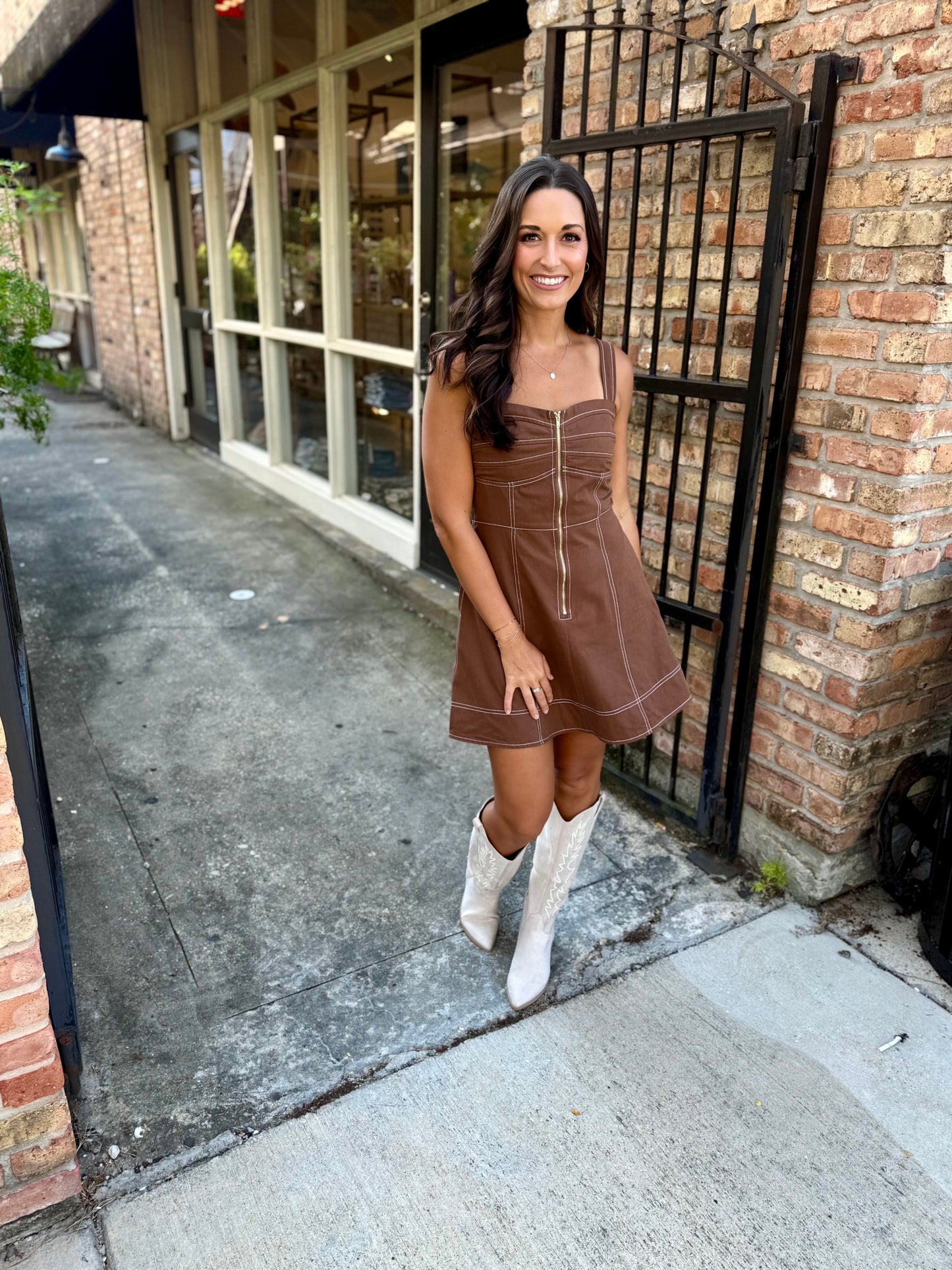 Cantrelle Pleated A-line Mini Dress- Mocha