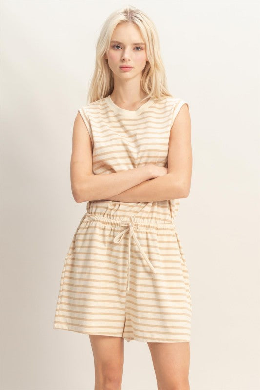 Luann Striped Drawstring Romper- Taupe