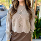 Floral Embroidered Scallop Detail Knit Top- Mocha