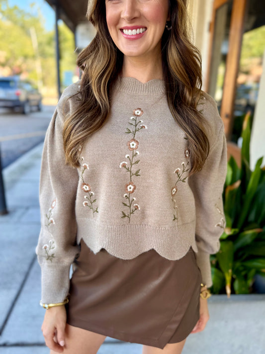 Floral Embroidered Scallop Detail Knit Top- Mocha
