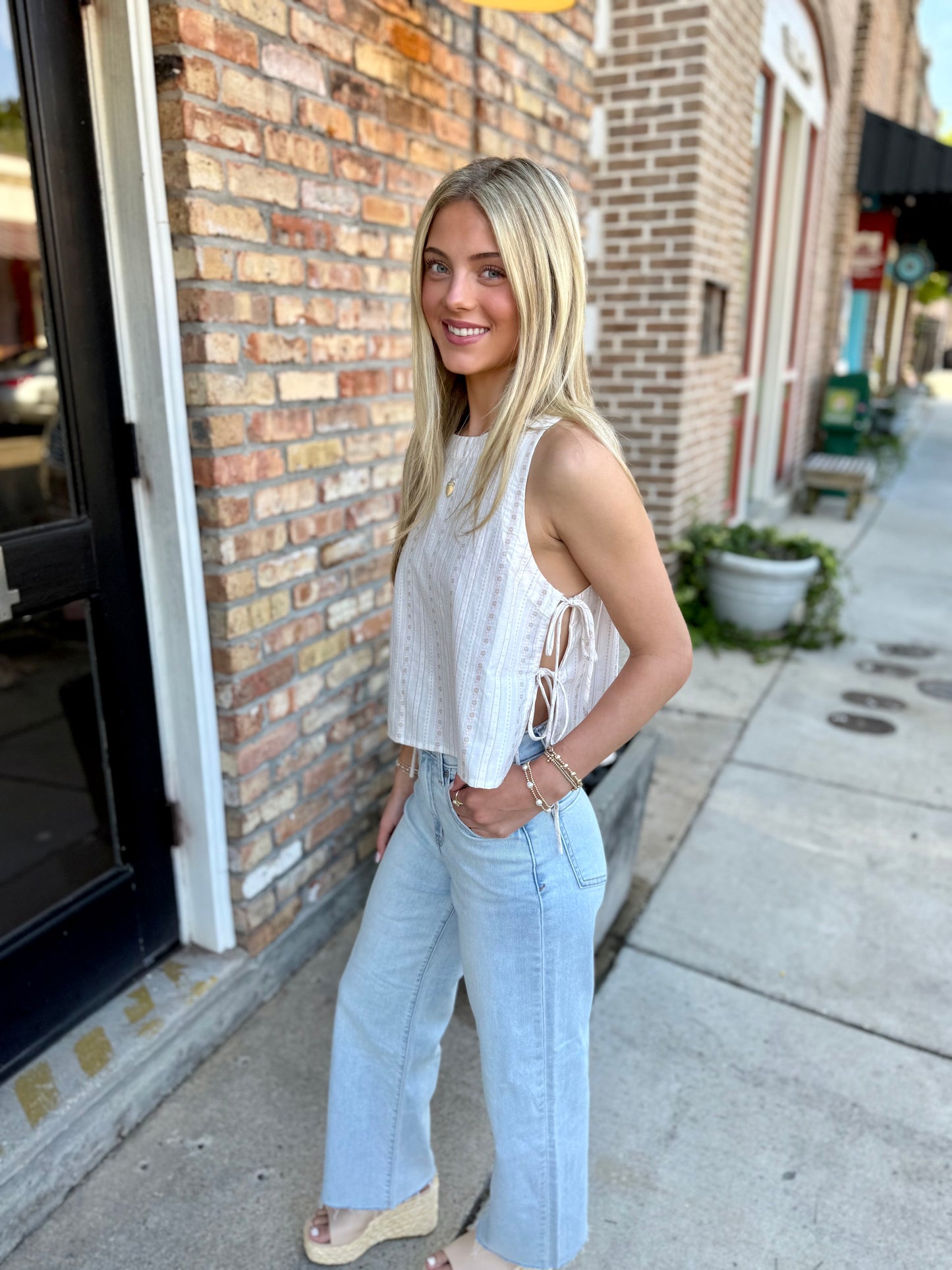 Heartland Side Tie Sleeveless Top- Cream