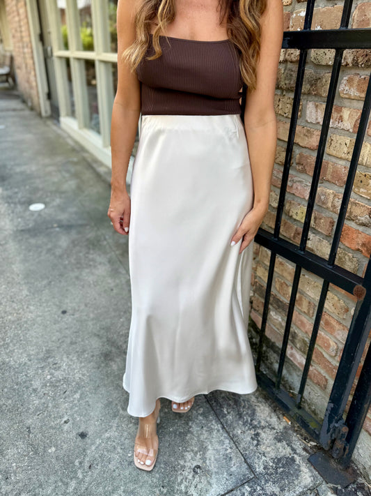 Sammy Satin Maxi Skirt- Alpaca/Ivory