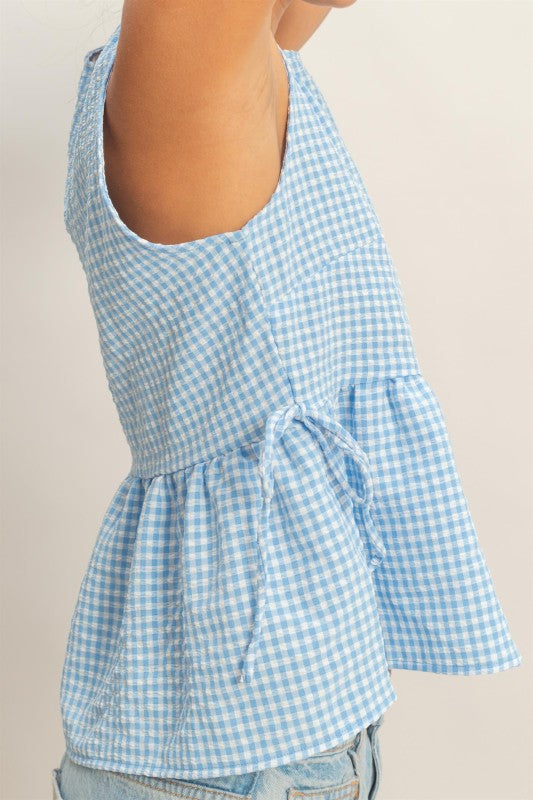 Gingham Peplum Top- Blue