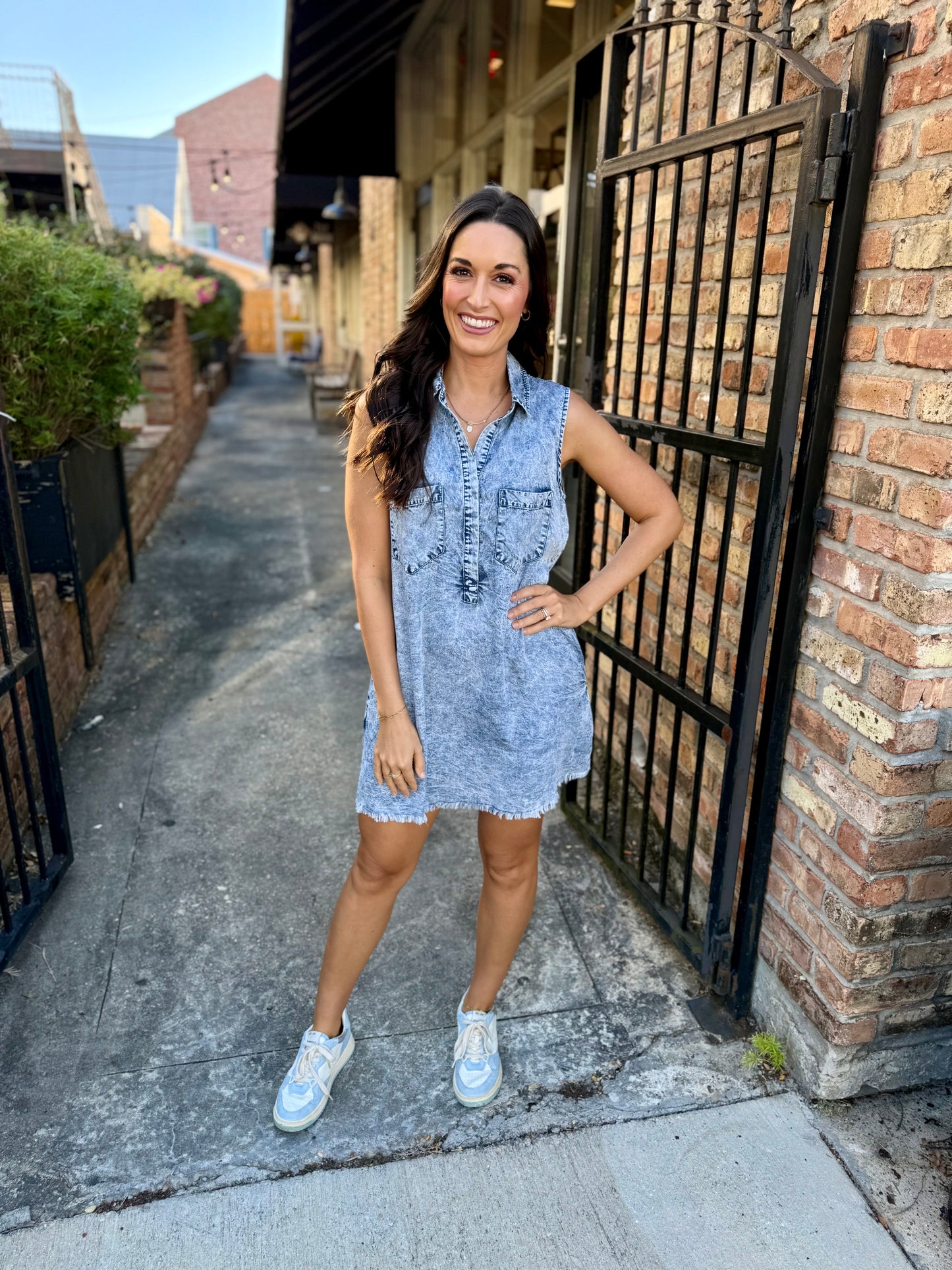 Double Pocket Moon Mini Dress- Washed Denim