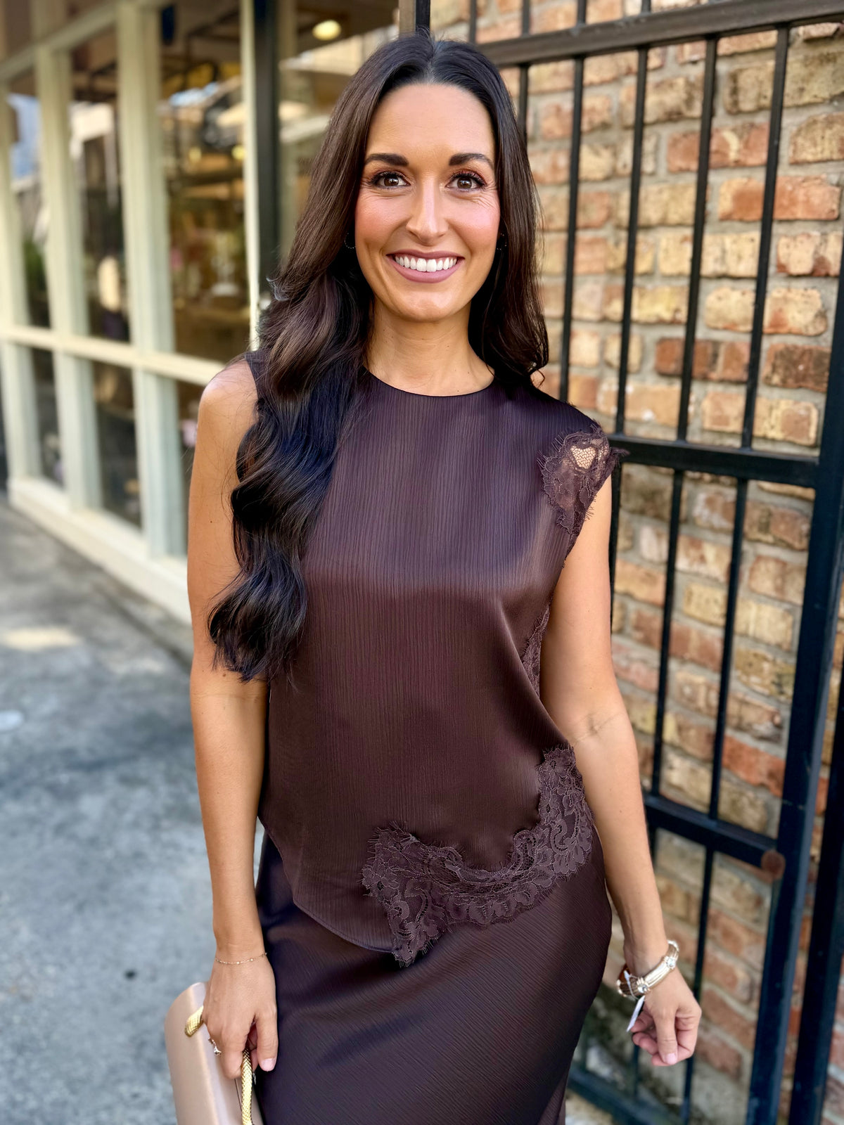 Meaux Mixed Lace Top- Brown