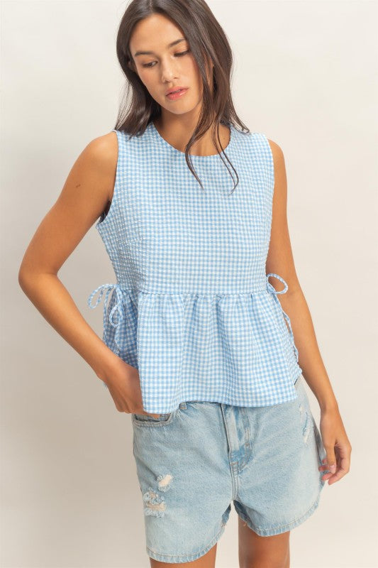 Gingham Peplum Top- Blue
