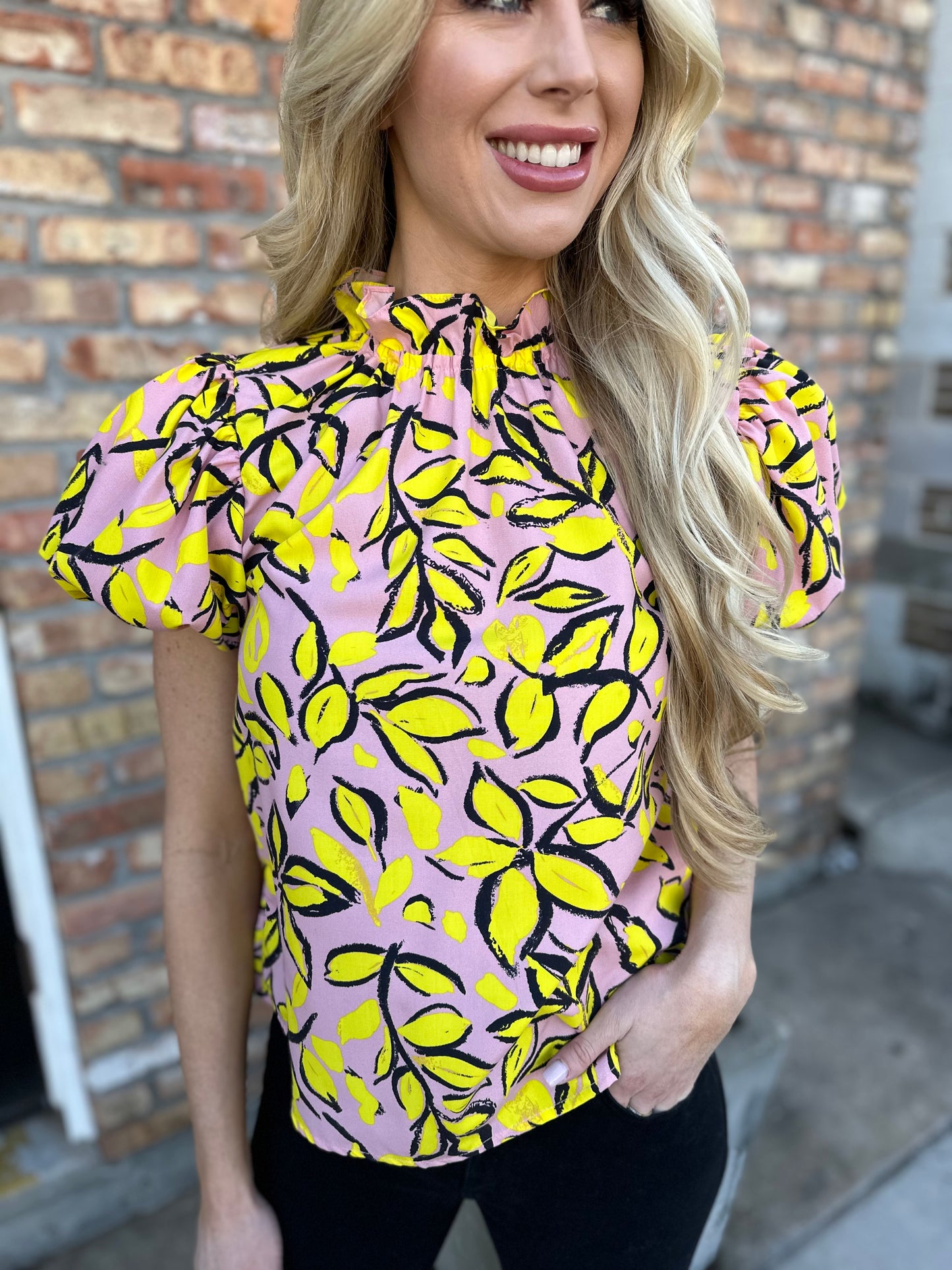 Gregory Puff Sleeve Top- Pink/Yellow