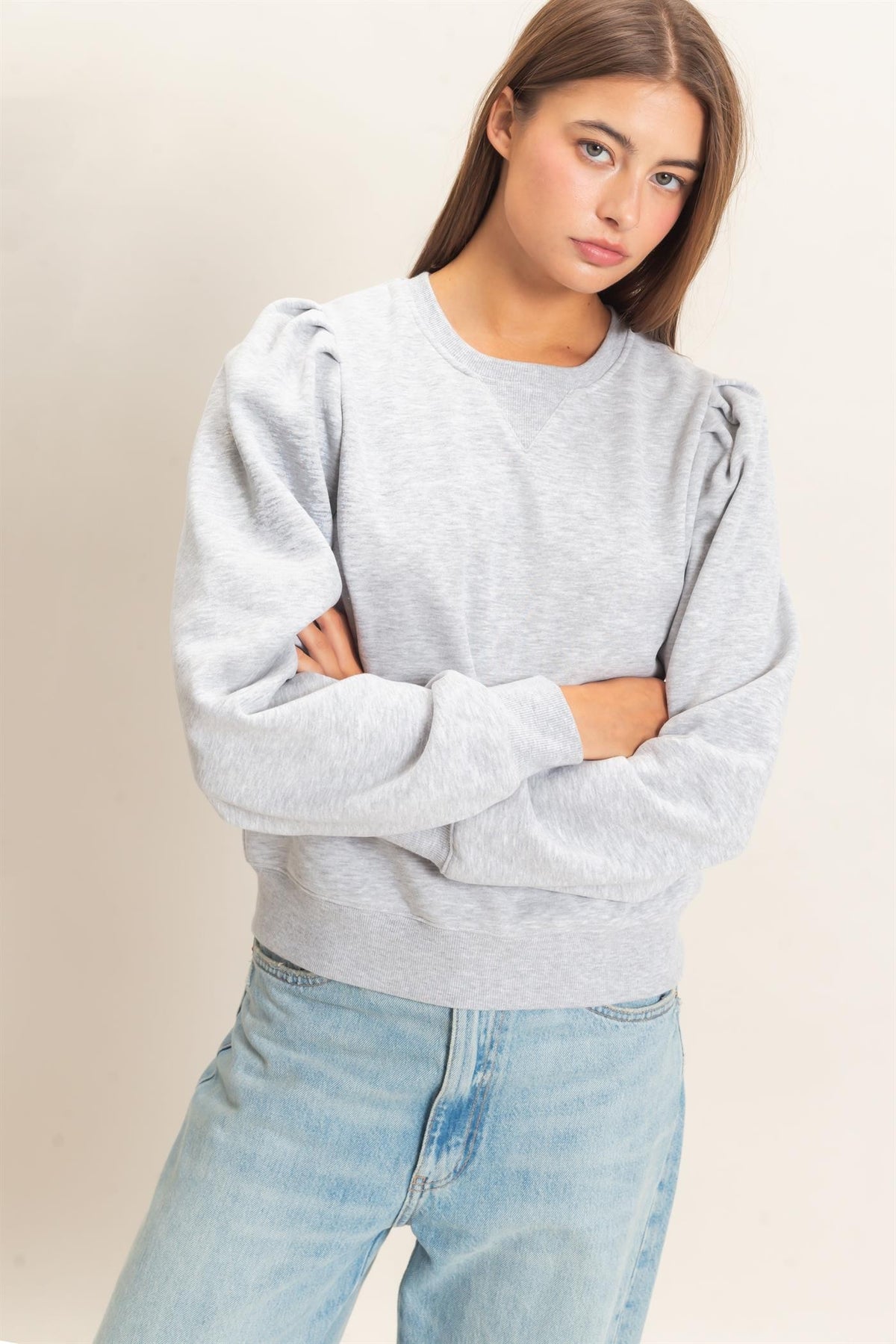 Presley Puff Sleeve Sweatshirt- Heather Gray