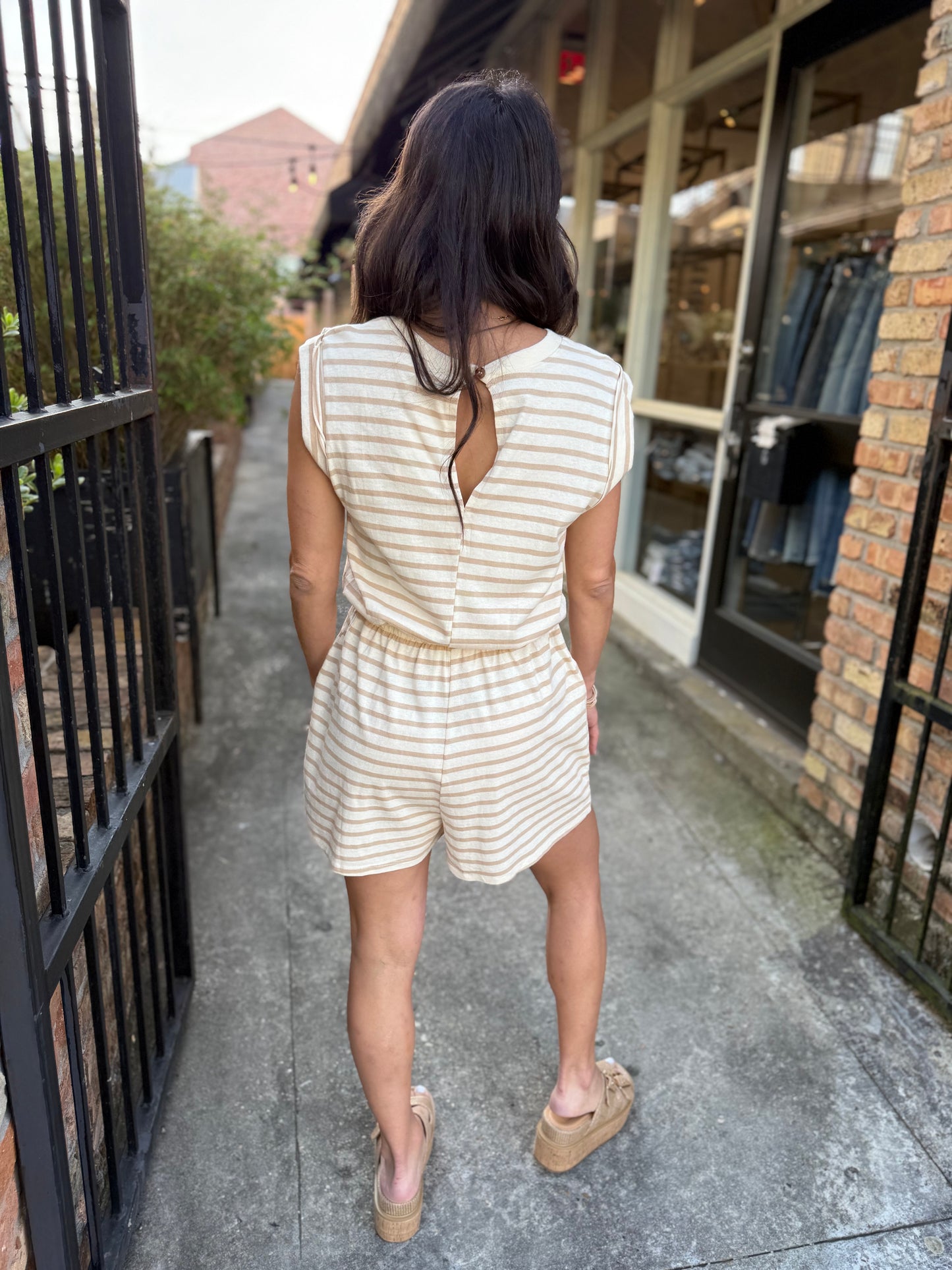 Luann Striped Drawstring Romper- Taupe