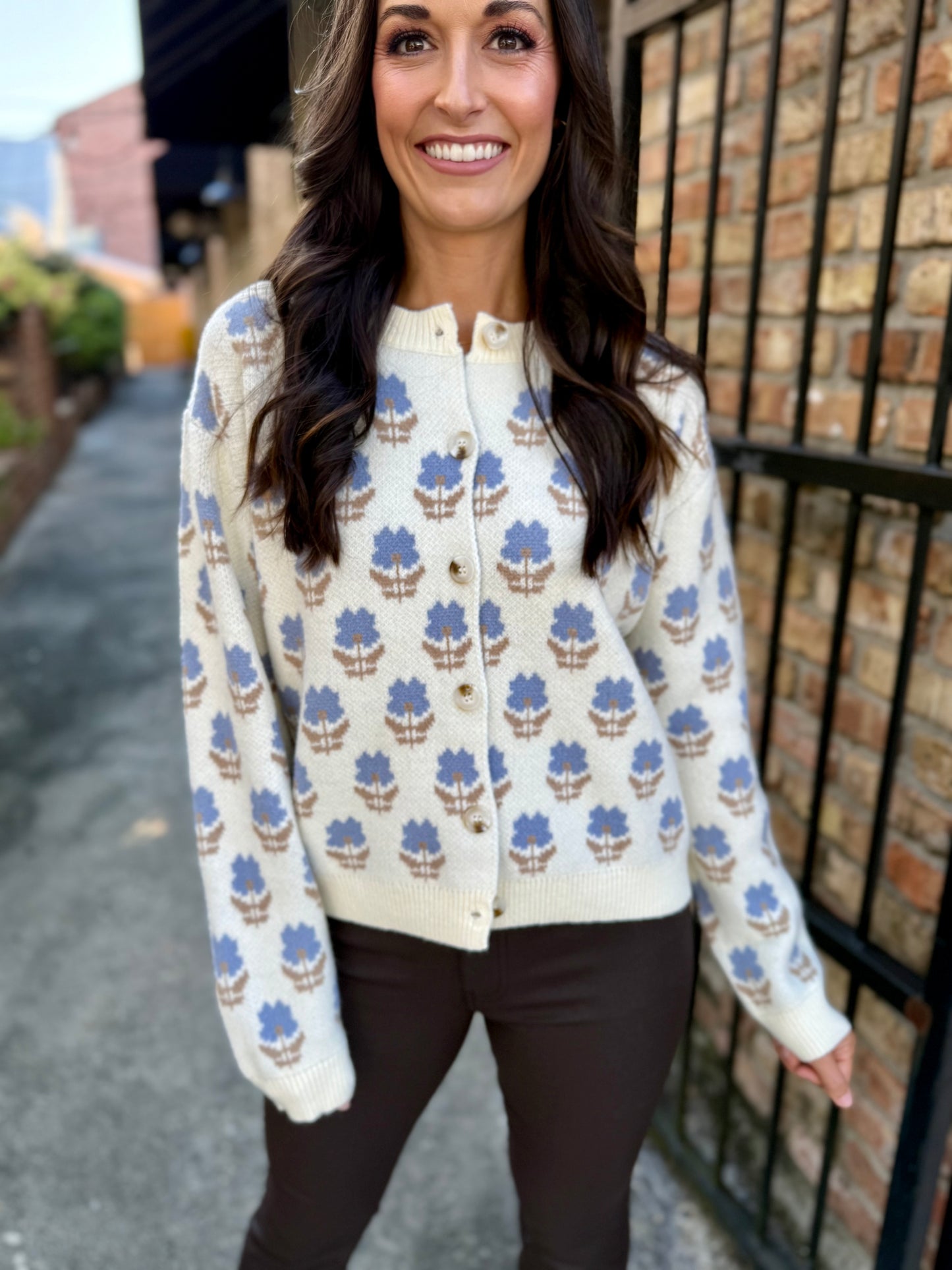 Revive Jacquard Cardigan- Cream/Blue