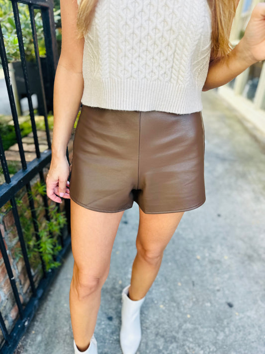 Susan High Waisted Faux Leather Shorts- Coffee Bean