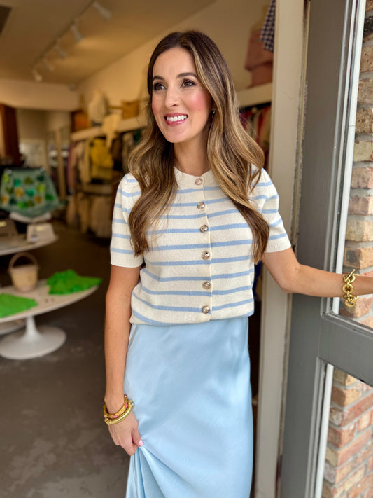 Naomi Striped Cardigan Top- Ice Blue