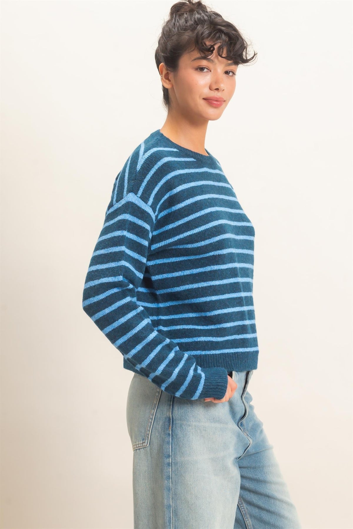 Ezra Striped Crew Neck Sweater- Blue