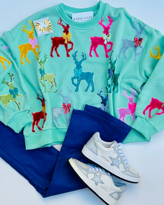 Velvet Reindeer & Bows Sweatshirt- Mint