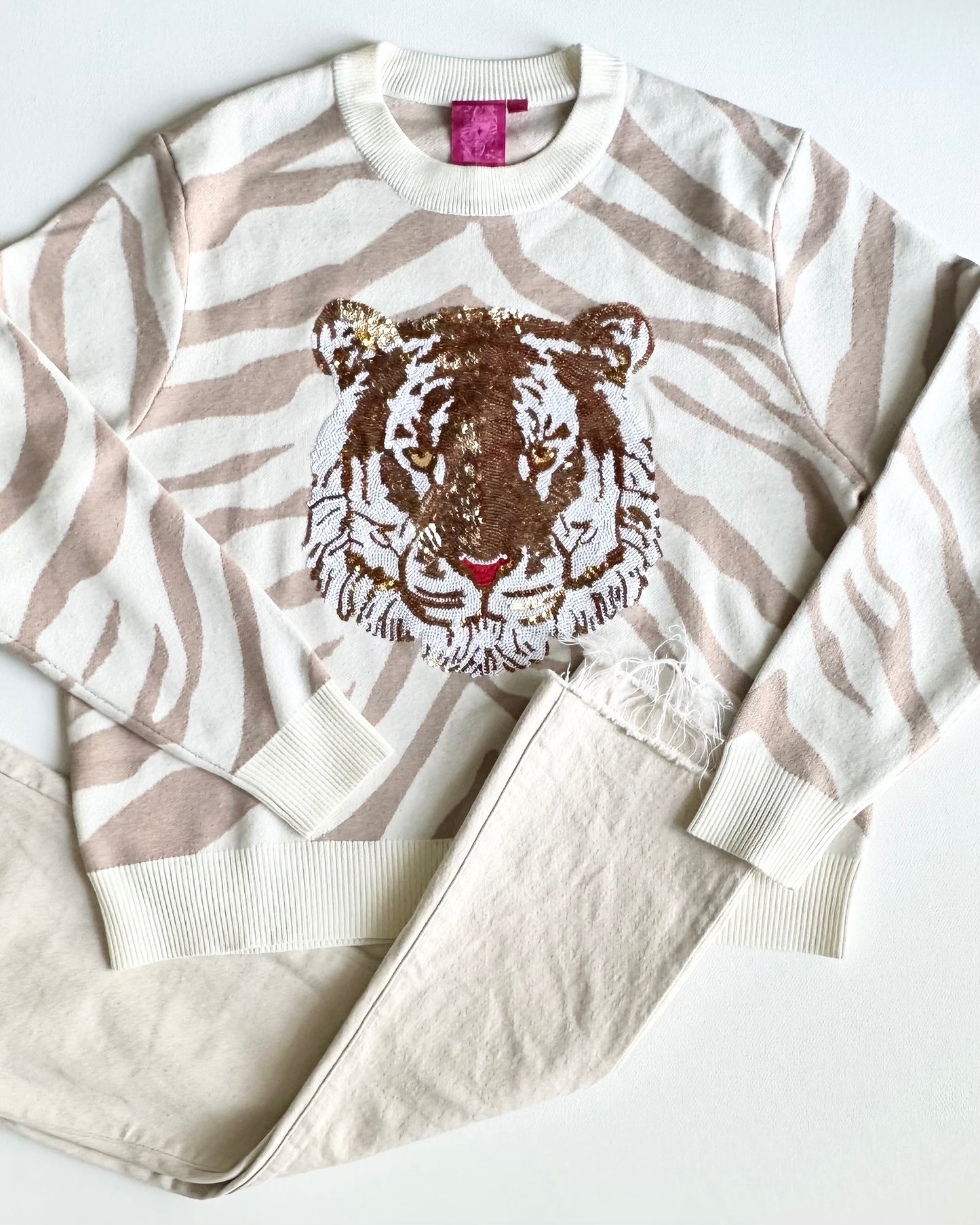 Tiger Print Tiger Head Sweater- White & Tan