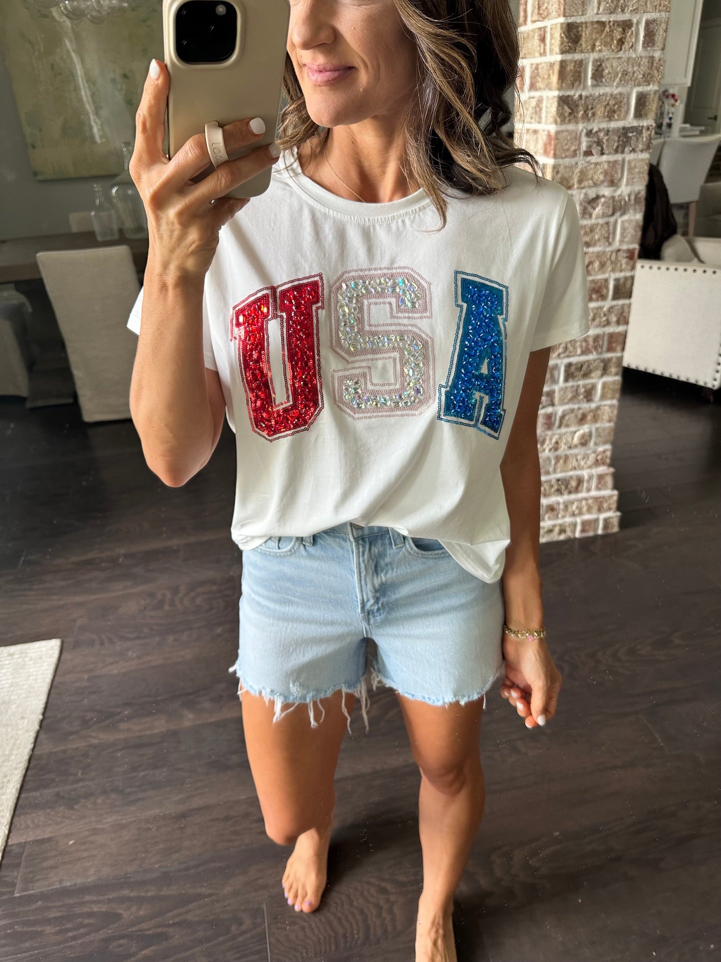 QOS Beaded USA Tee- White