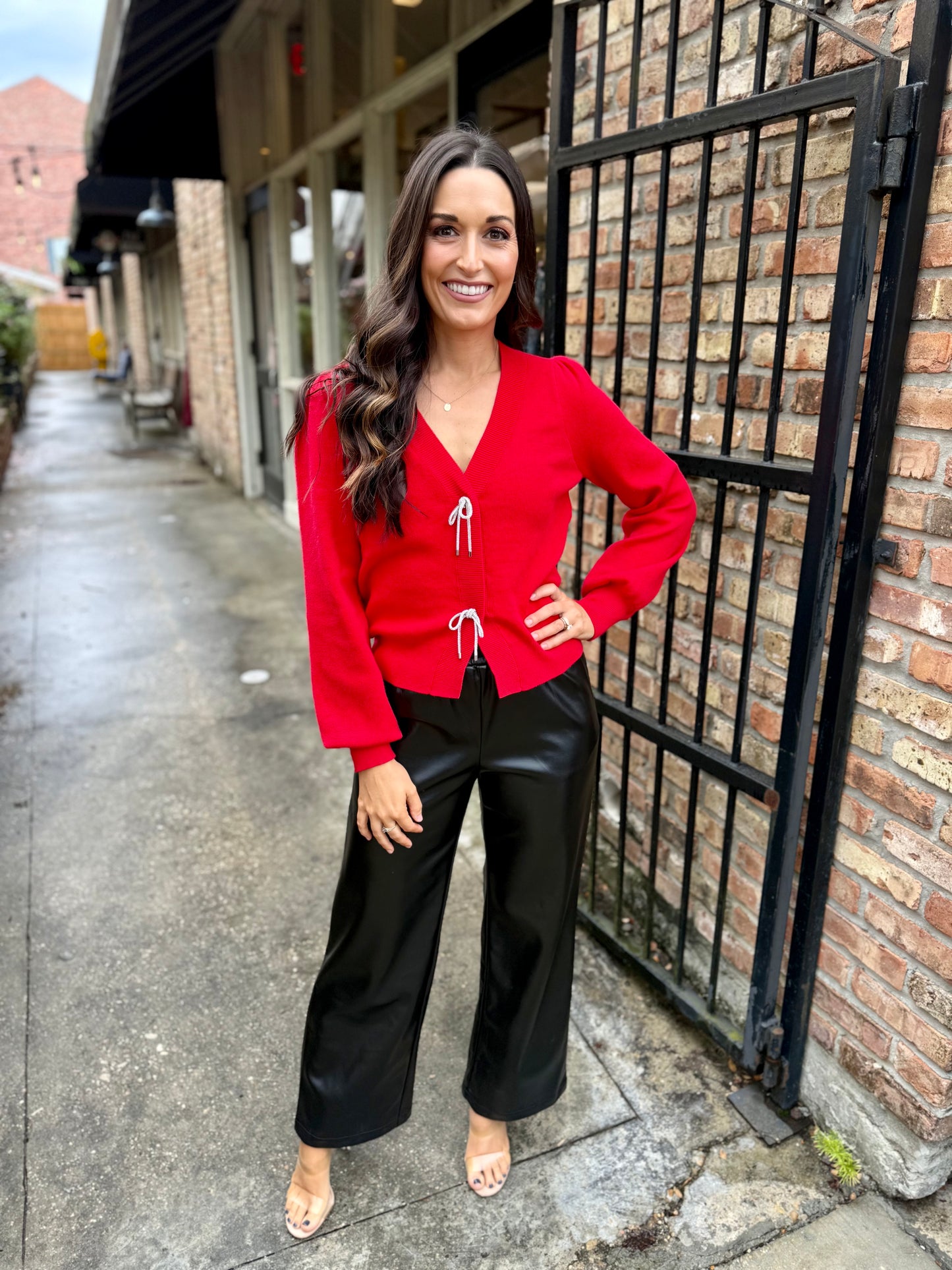 Rhinestone Bow Cardigan- Red