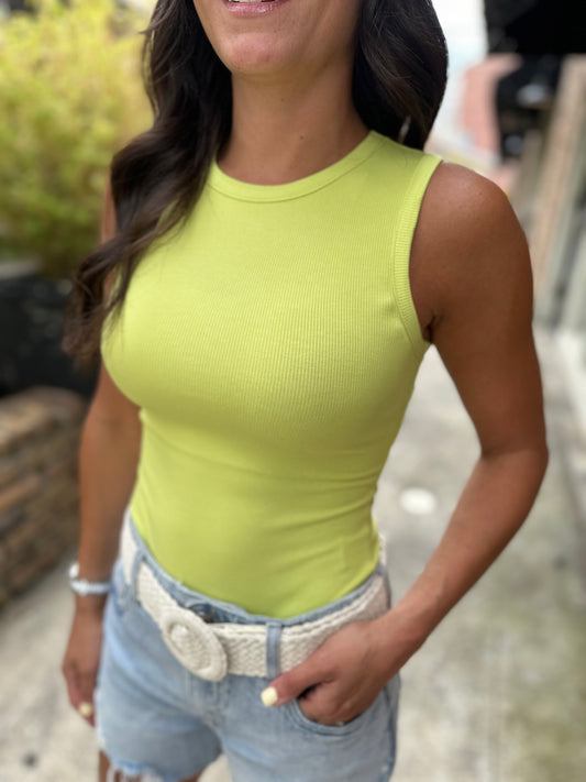 Farrah Fitted Ribbed Bodysuit- Chartreuse