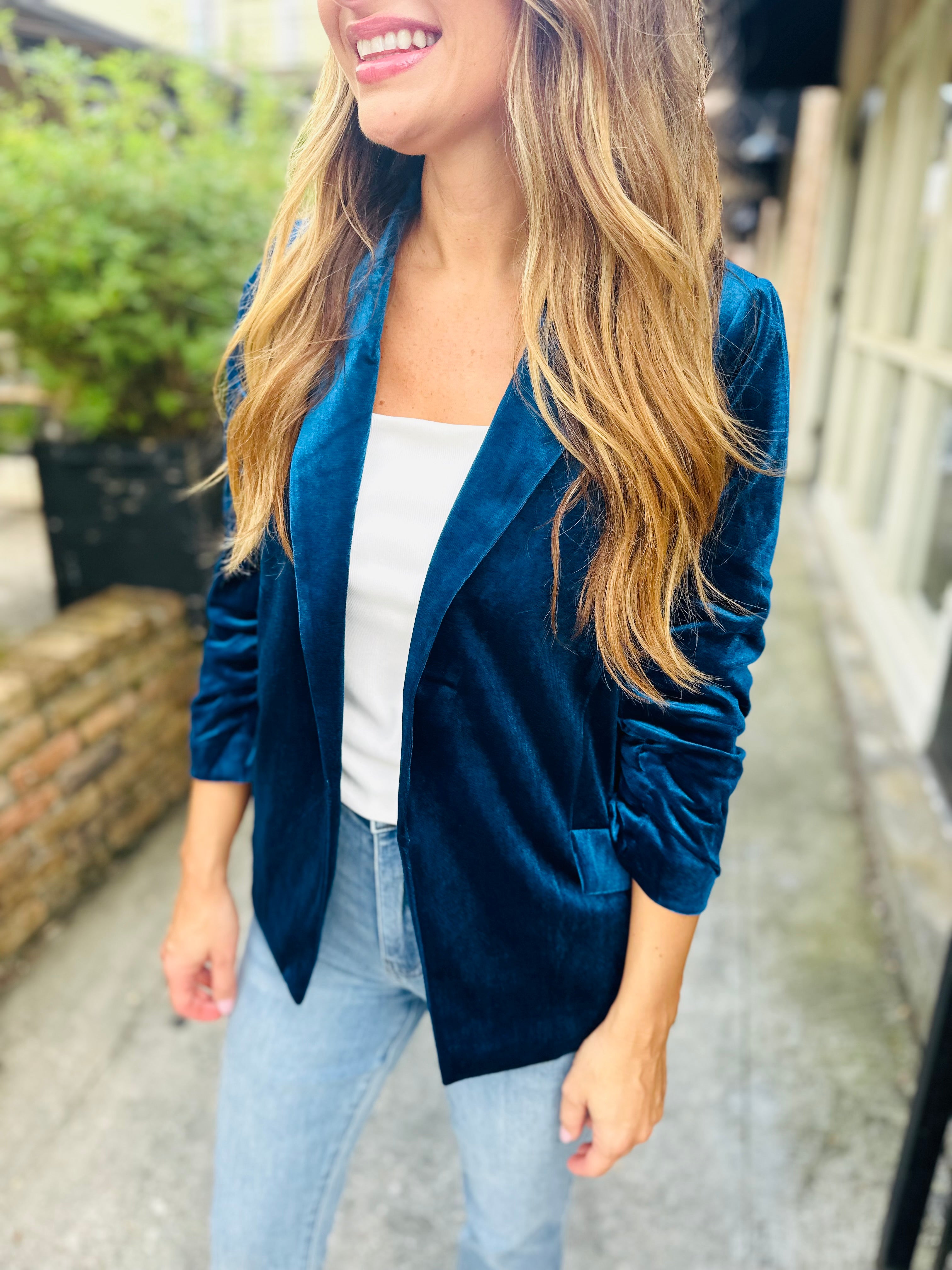Ashley Velvet Blazer- Teal – Hazel Lane Boutique
