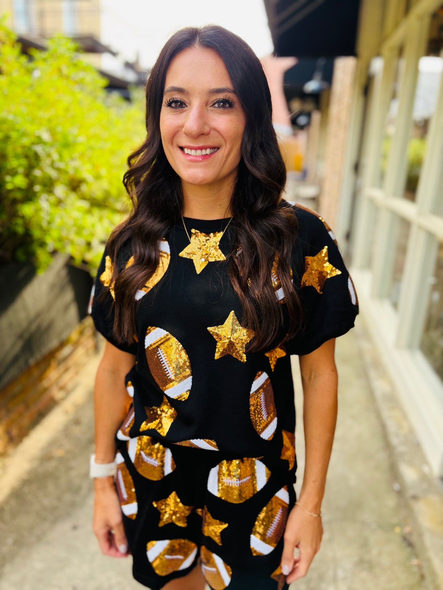 Scattered Football & Stars Top- Black