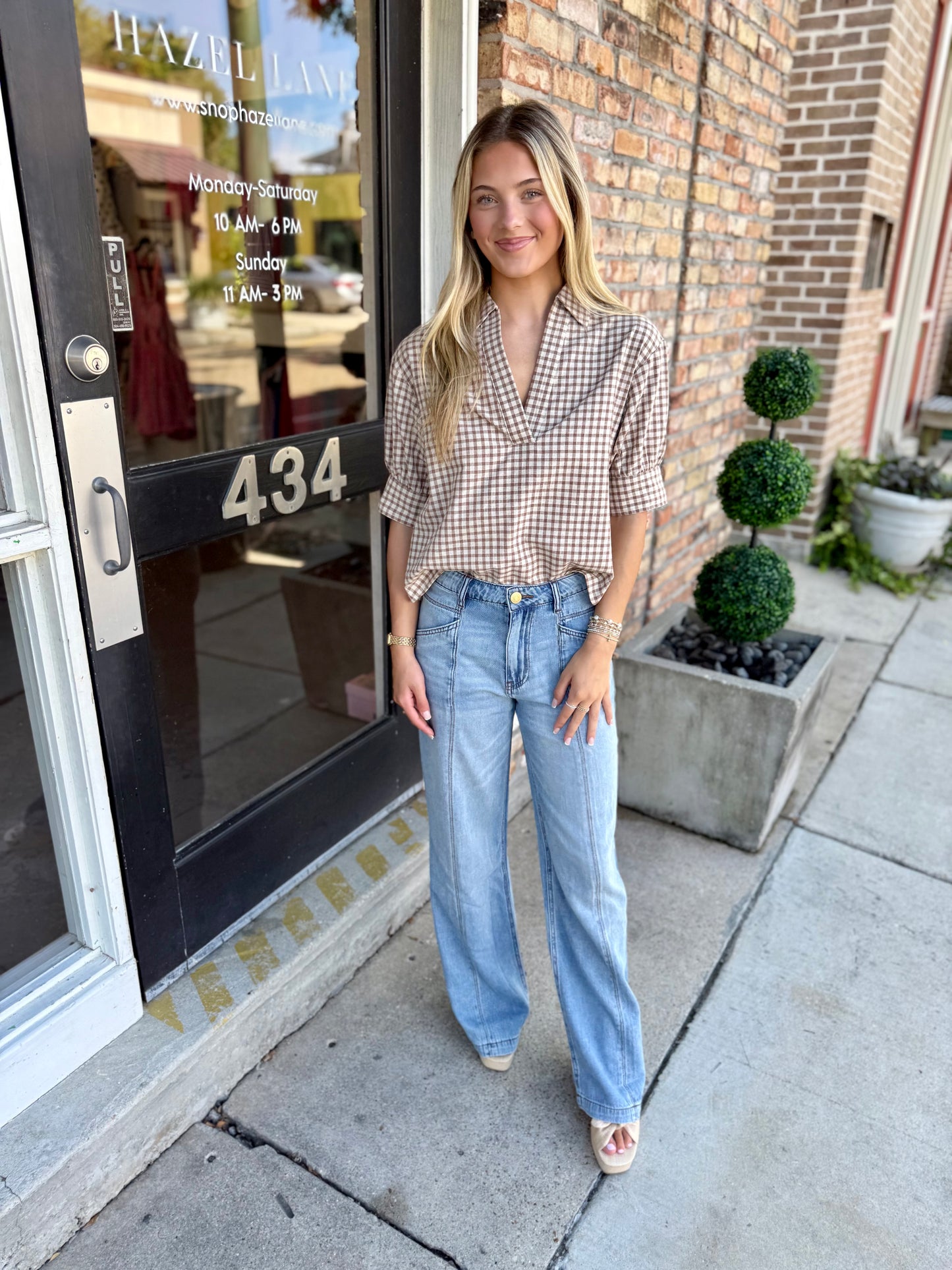 Johnny Gingham Top- Mocha Natural