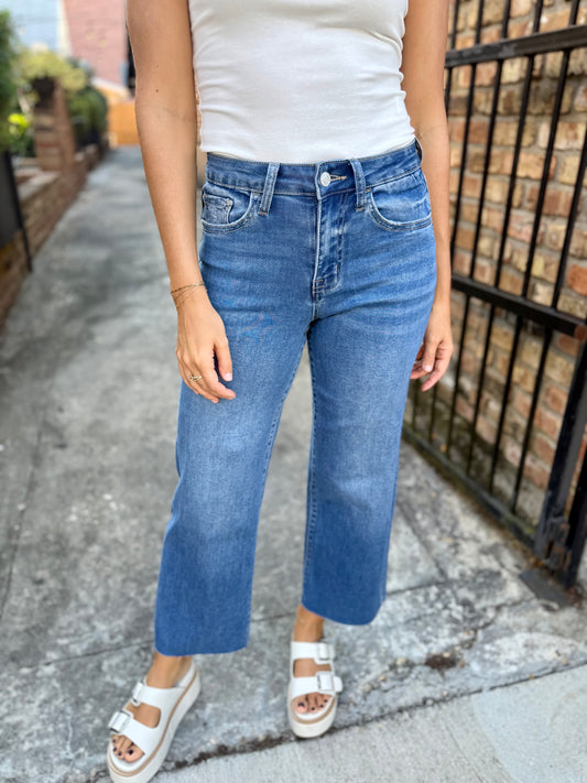 Aileeah (Right) HR Cropped Slim Wide Denim- Blue