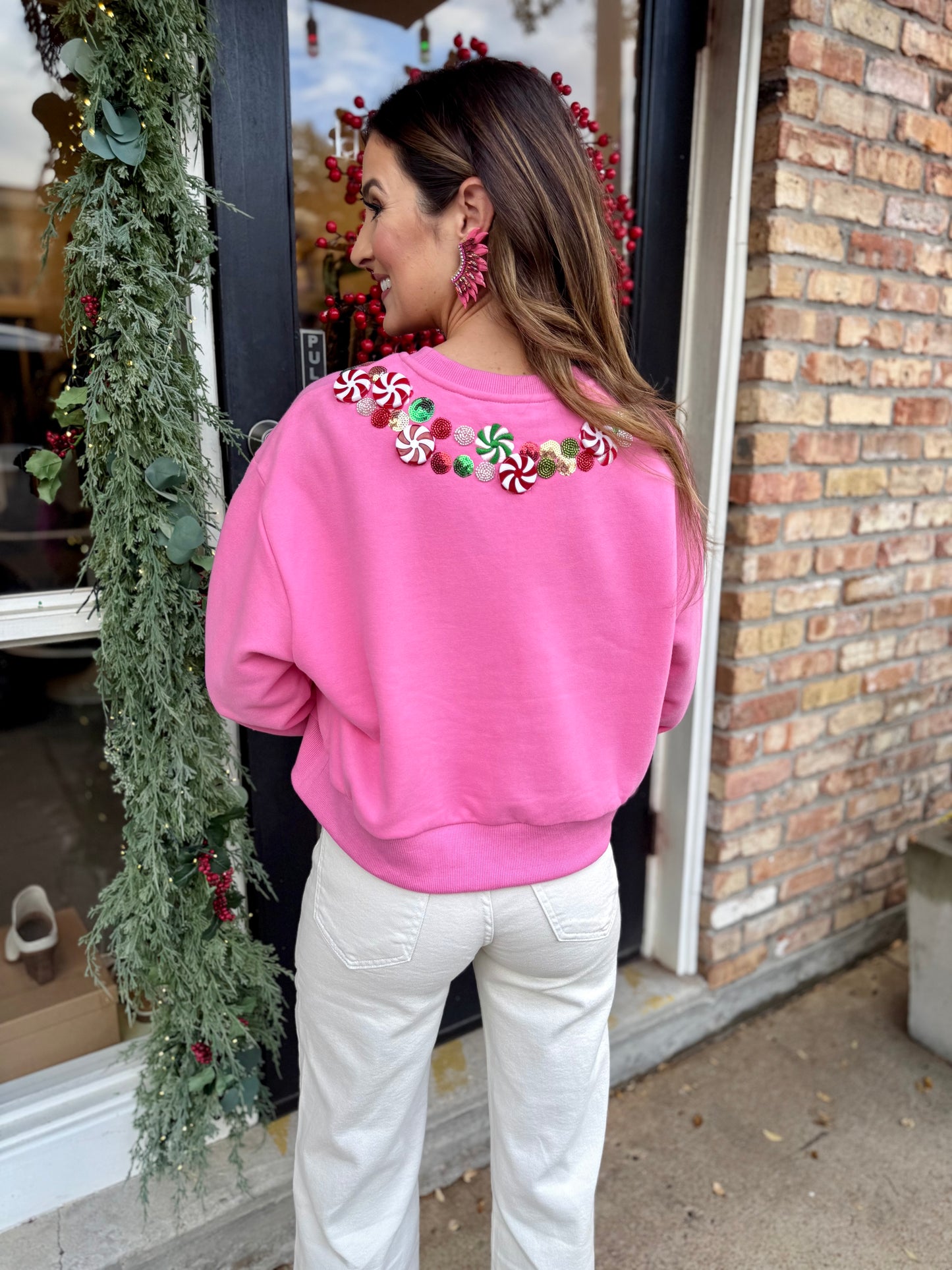 Peppermint Neck Sweatshirt- Hot Pink