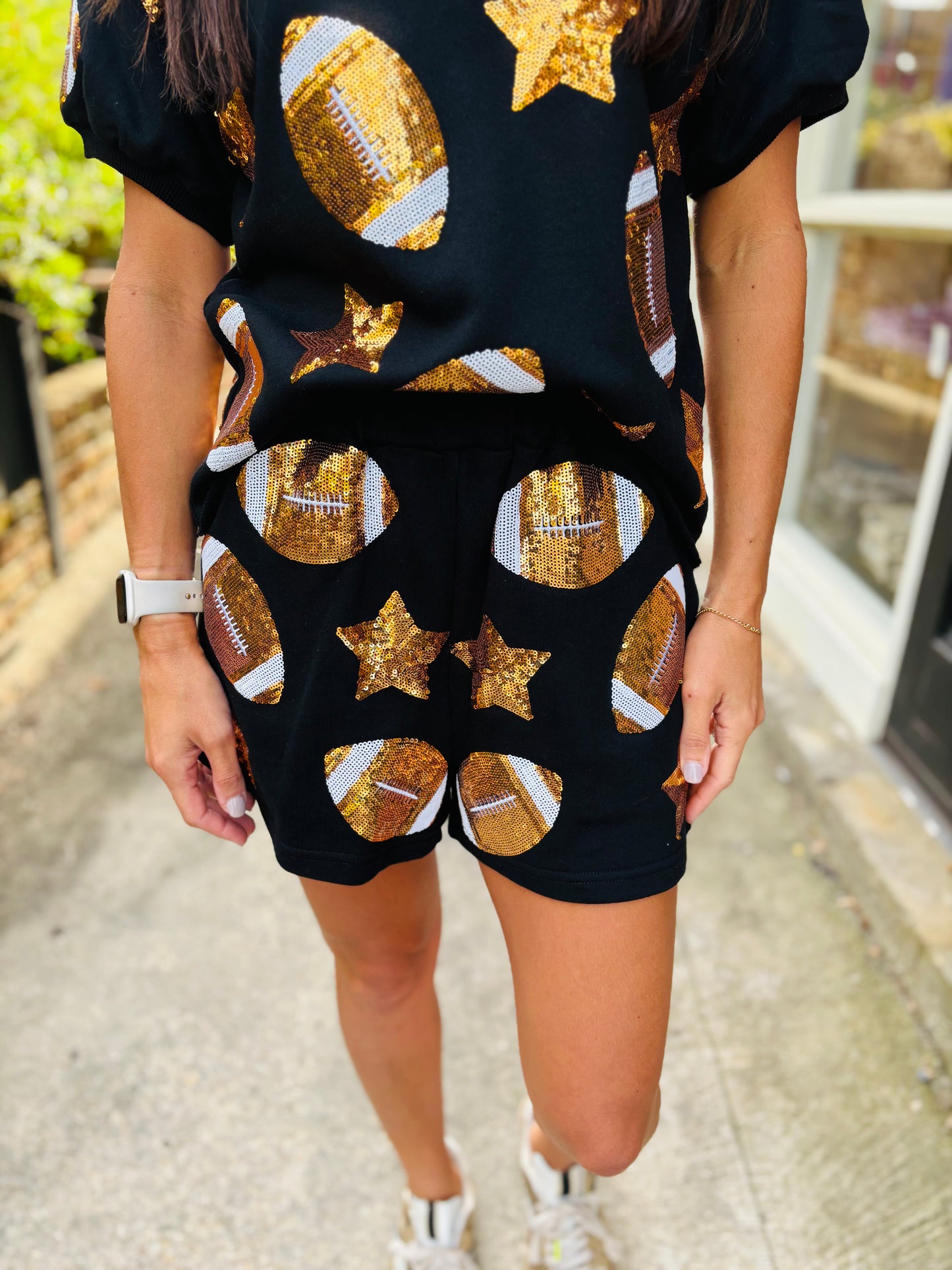 Scattered Football & Stars Top- Black