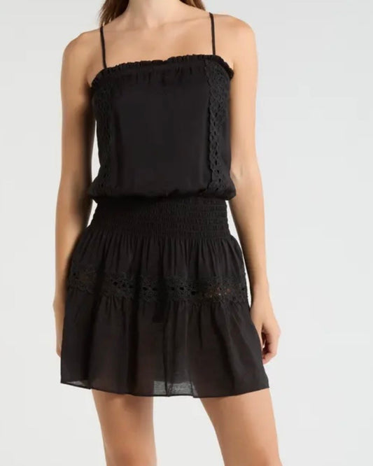 Eyelet Linen Mini Dress- Black