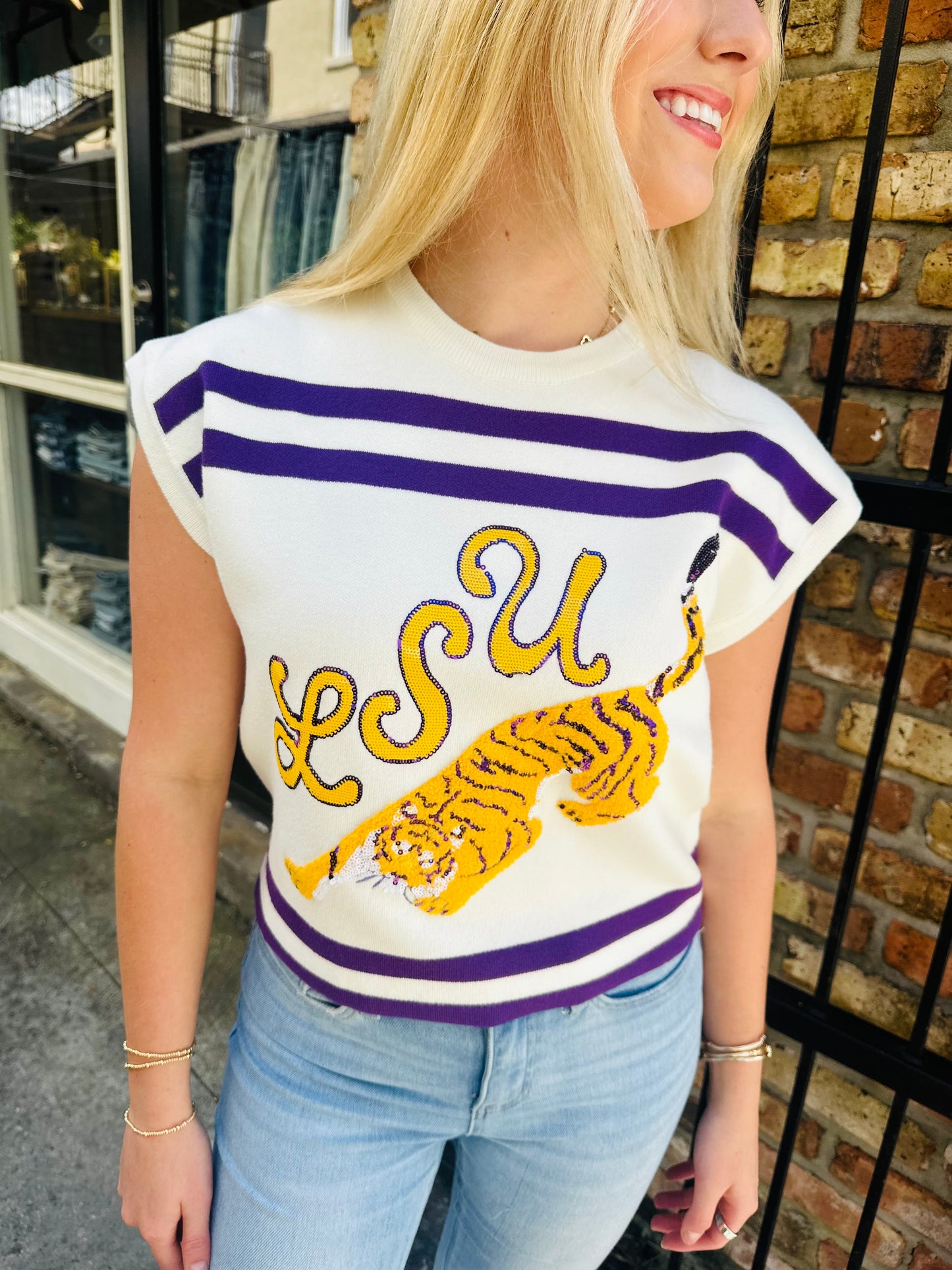 LSU Tiger Striped Short Sleeve Top