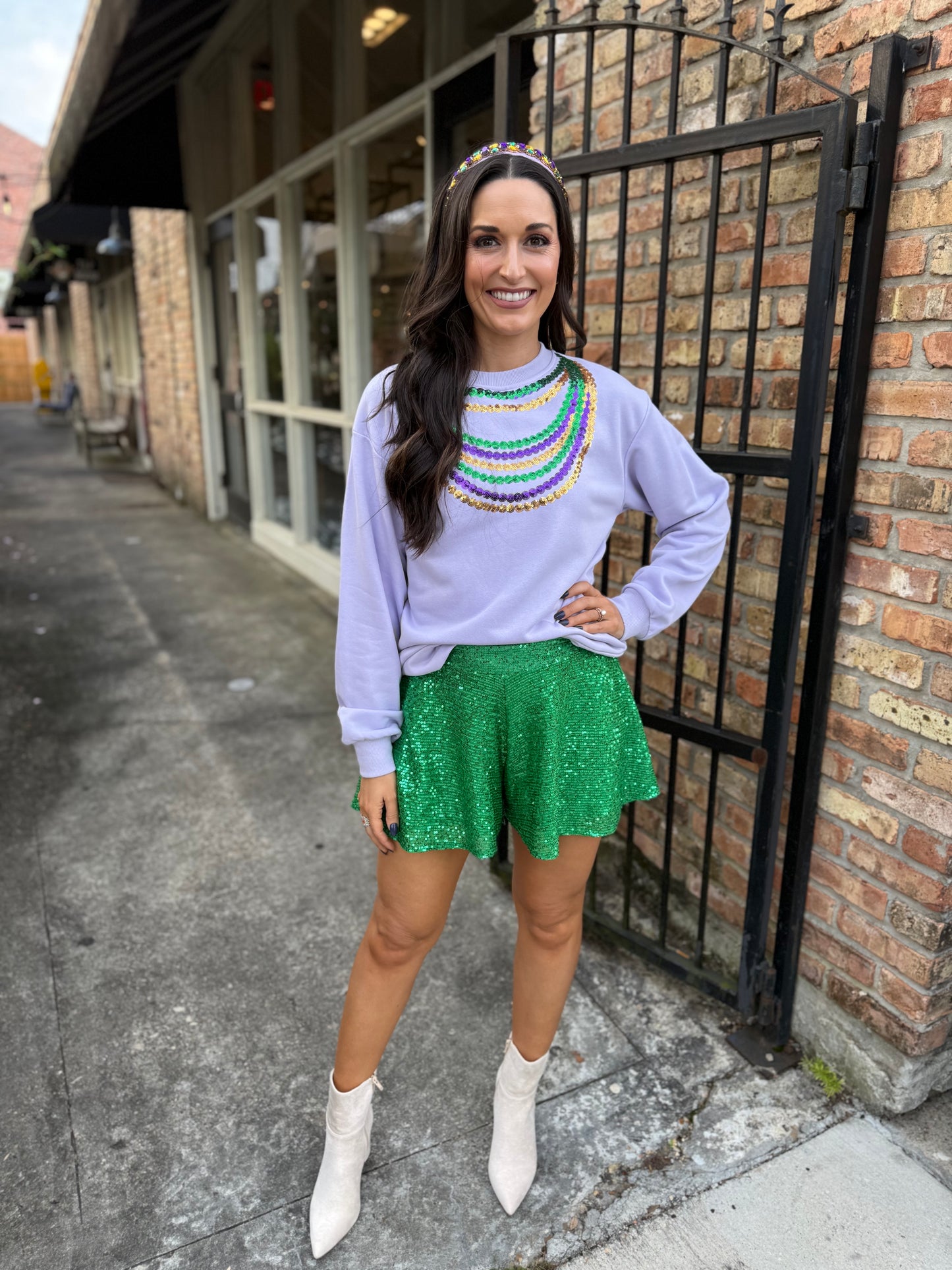 Mardi Gras Bead Sweatshirt- Lavender