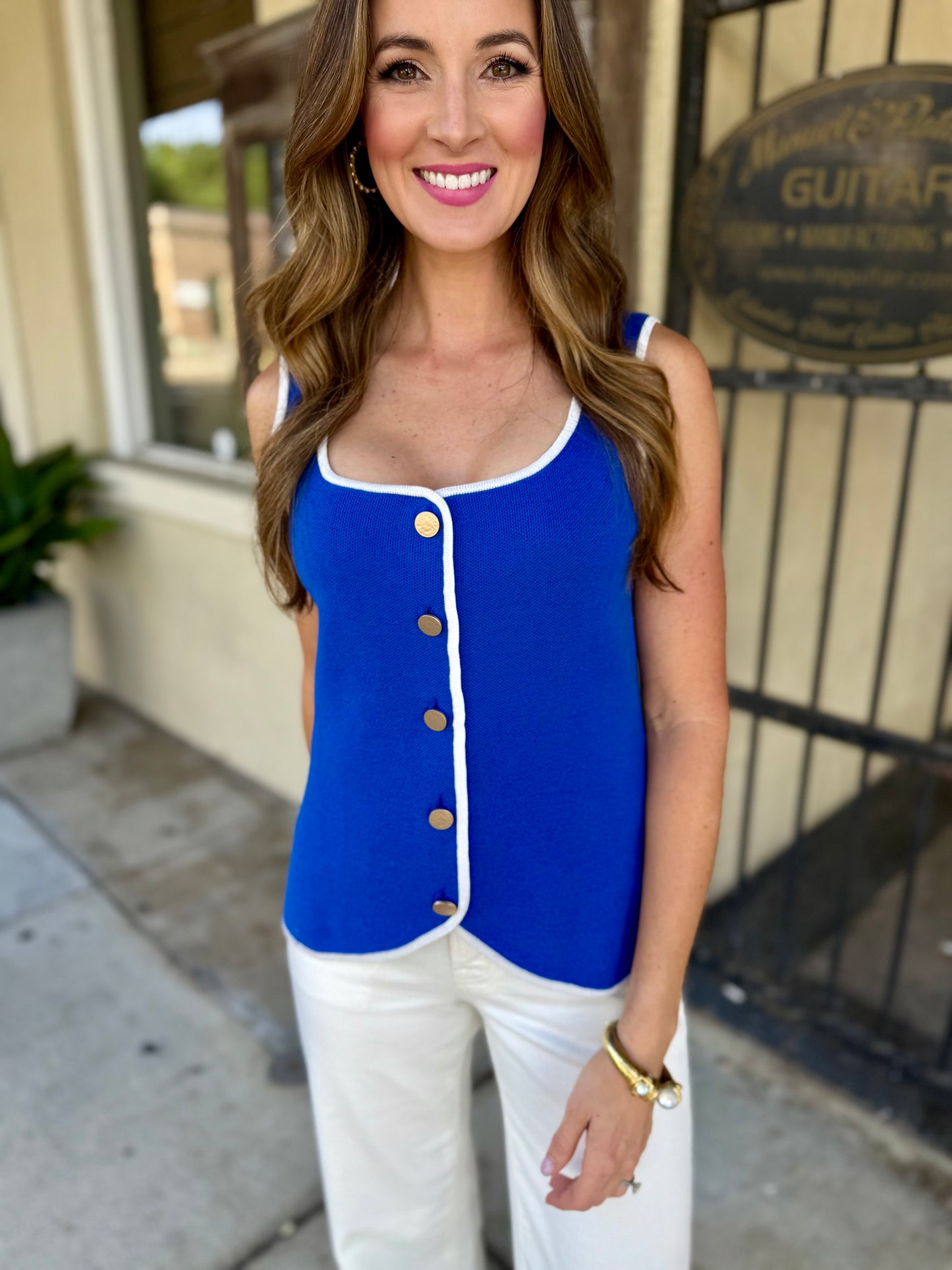 Dillon Vest Button Tank- Blue & White