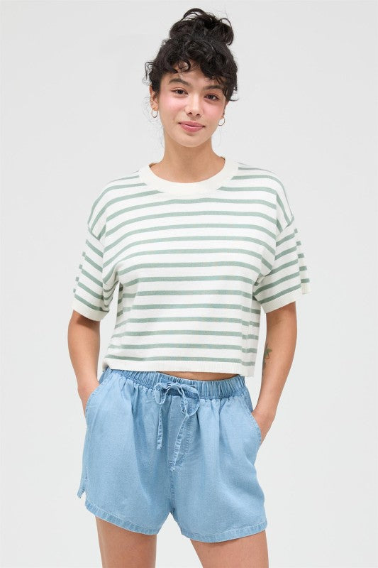 Paul Striped Crop Tee- Sage Green