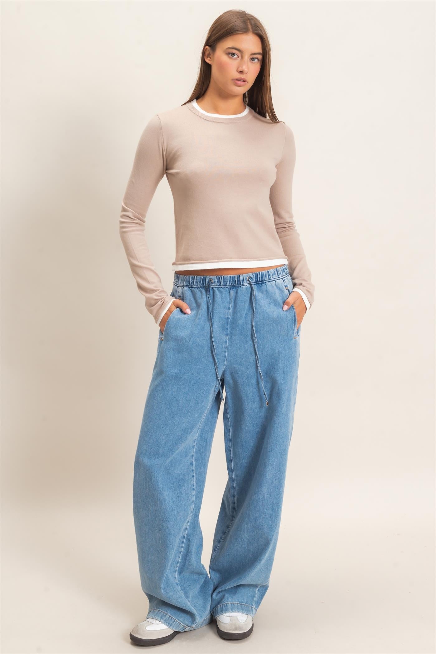 Layer Effect LS Knit Top- Taupe