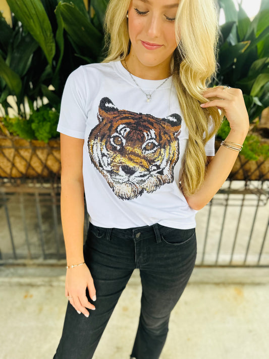 OG Sequin Tiger Head Shirt- White