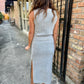 Beverly 2 PC Button Vest & Midi Skirt Knit Set- Gray