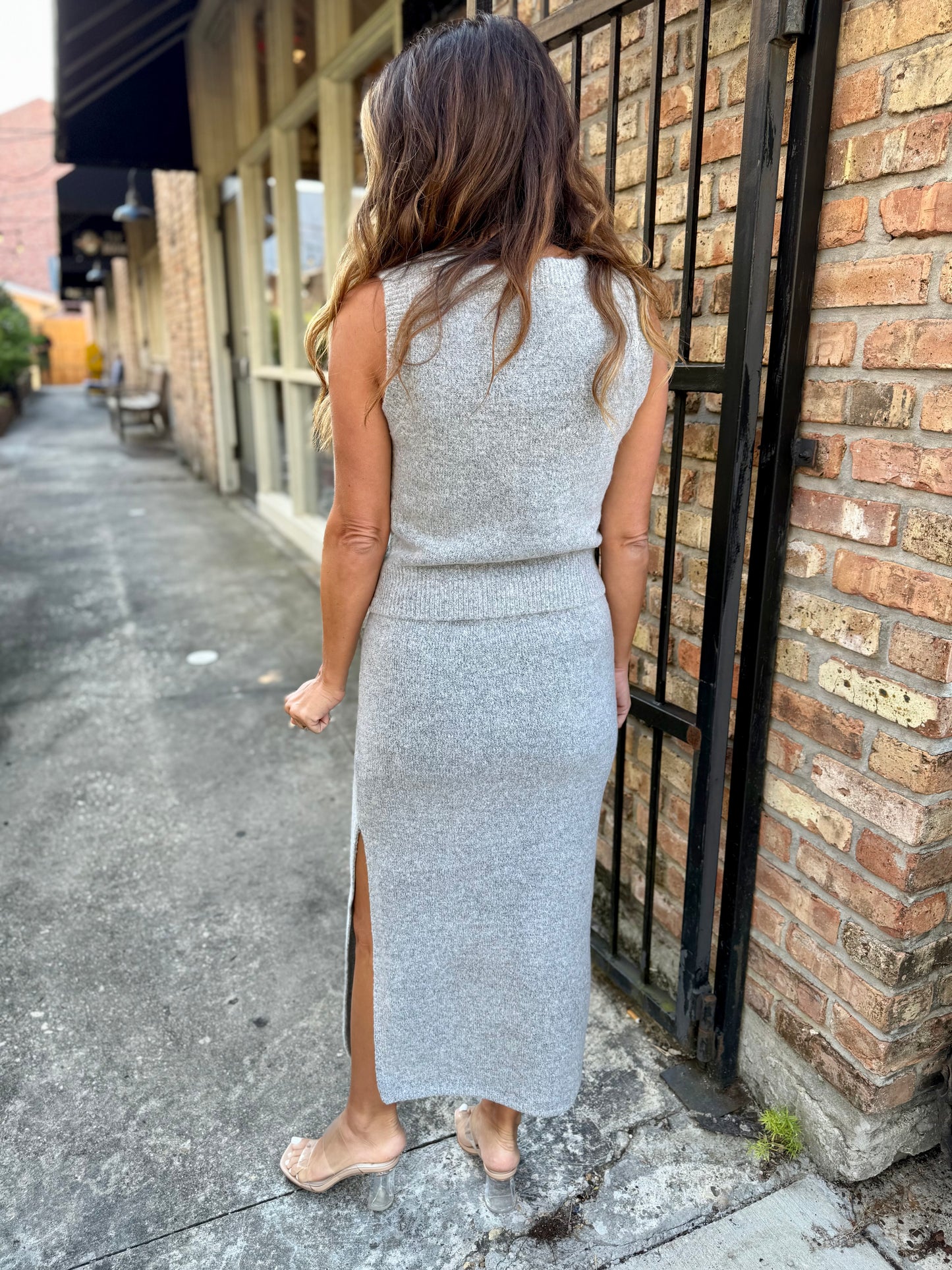 Beverly 2 PC Button Vest & Midi Skirt Knit Set- Gray